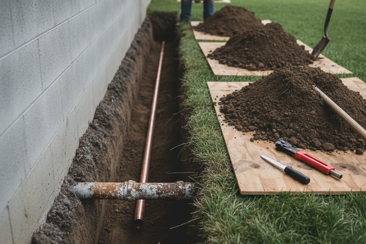 Excavated water line trench during Sewer Line Repair in Fulshear